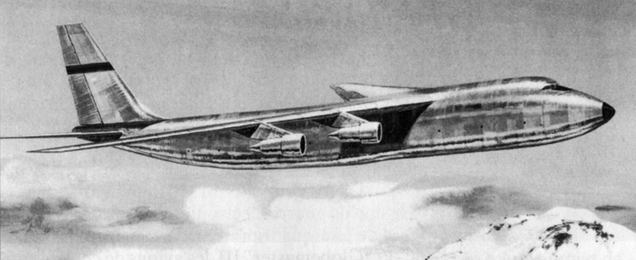 An artist’s rendering of Boeing’s proposal for the CX-HLS program. Though this proposed aircraft had a high wing, the placement of the cockpit above the cargo hold was carried over into the 747. (Author unknown)